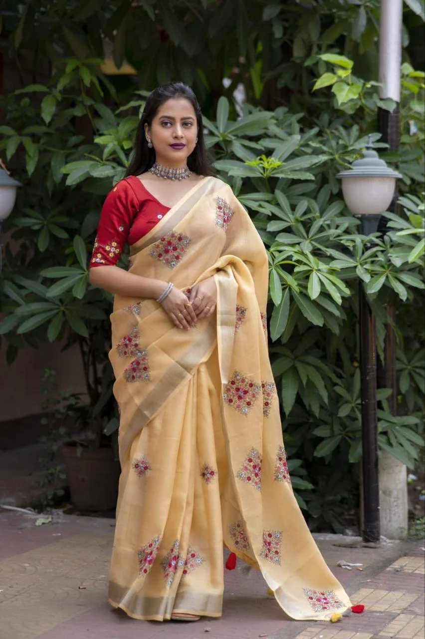 Soft Silver Tassels Linen Cotton Saree